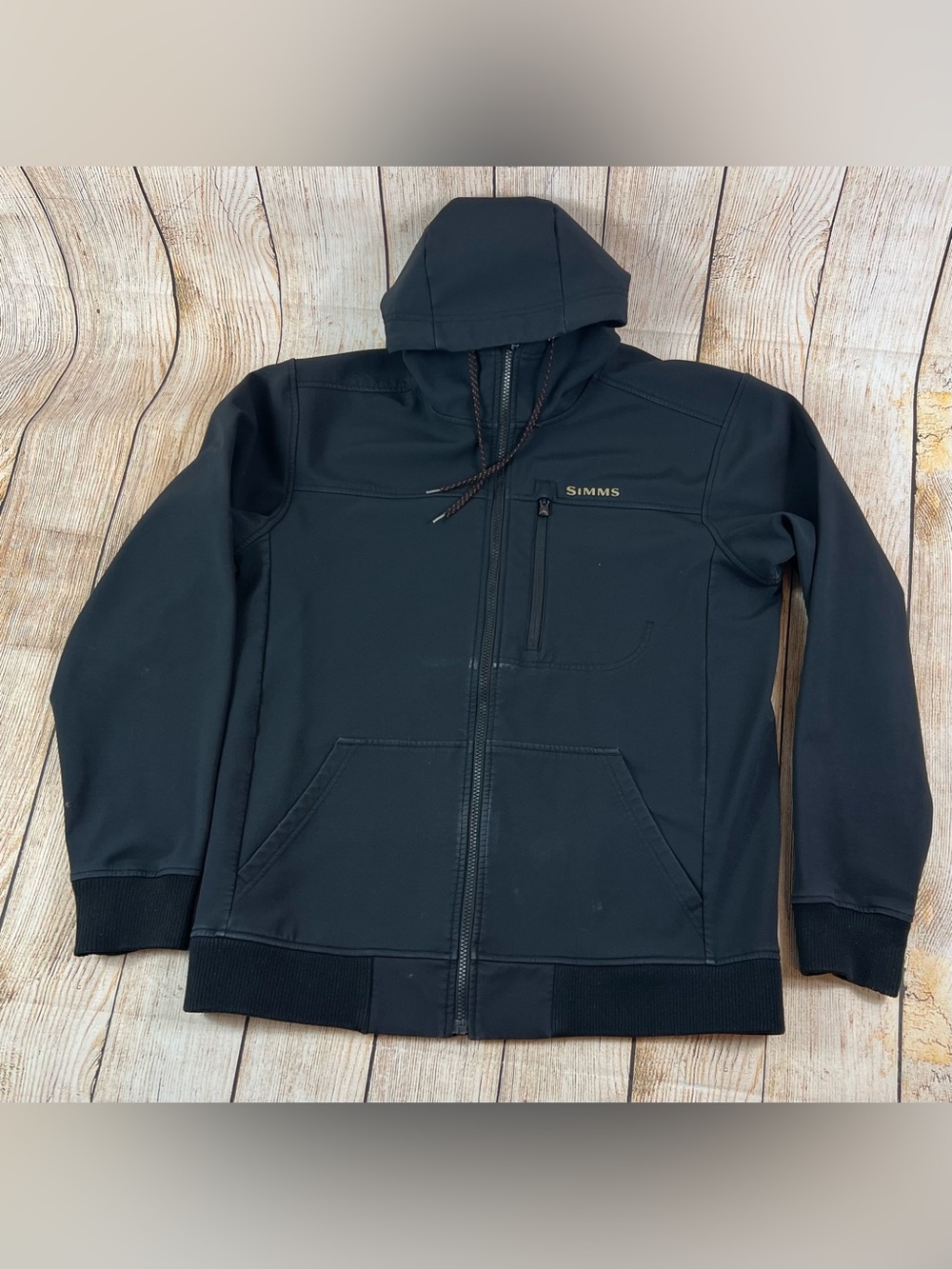 Mens Simms Black Guide Series Hooded Softshell Fishing Full Zip Jacket Medium